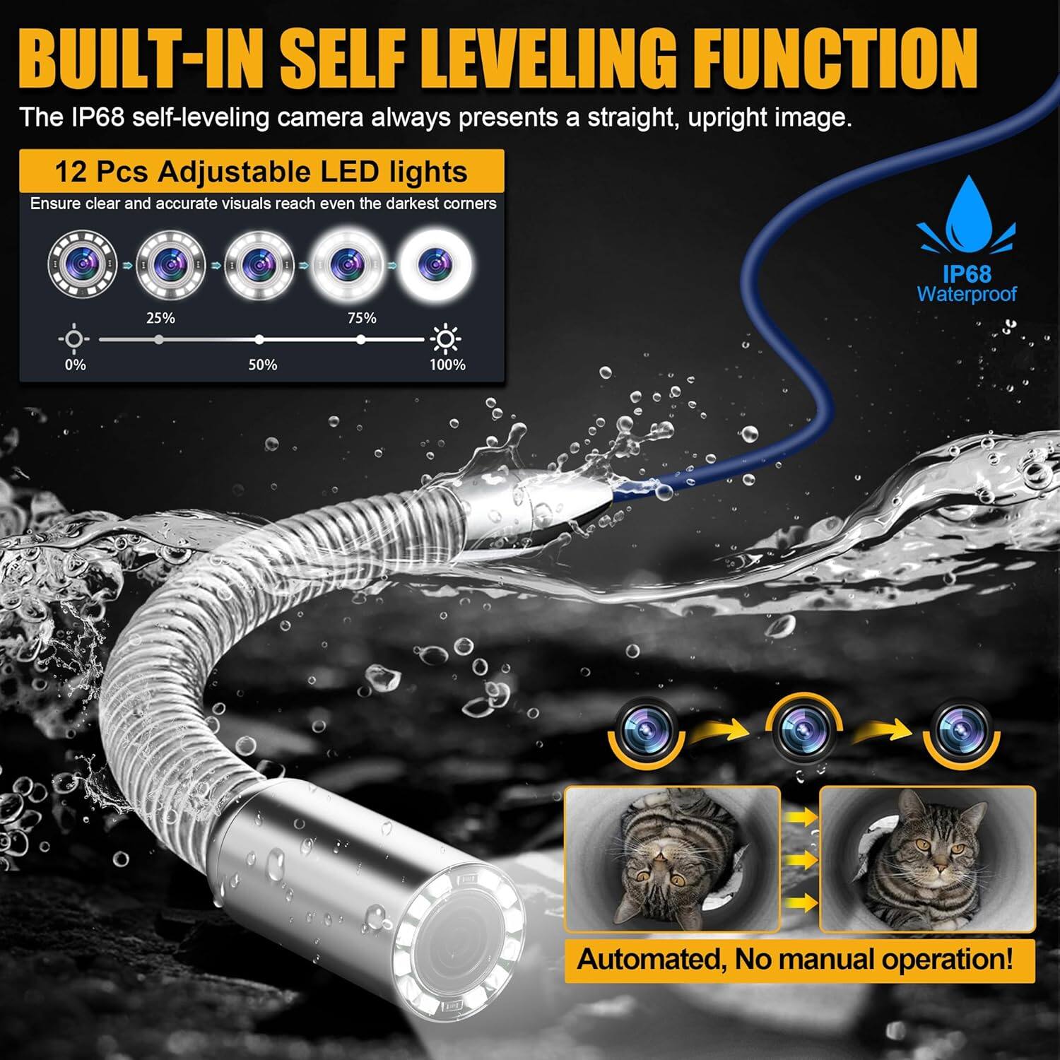 Angle. Aukfa - Endoscope Camera with Light - 7" Monitor, 100ft IP68 Self-Leveling Pipe Inspection, 5MM Cable, DVR.