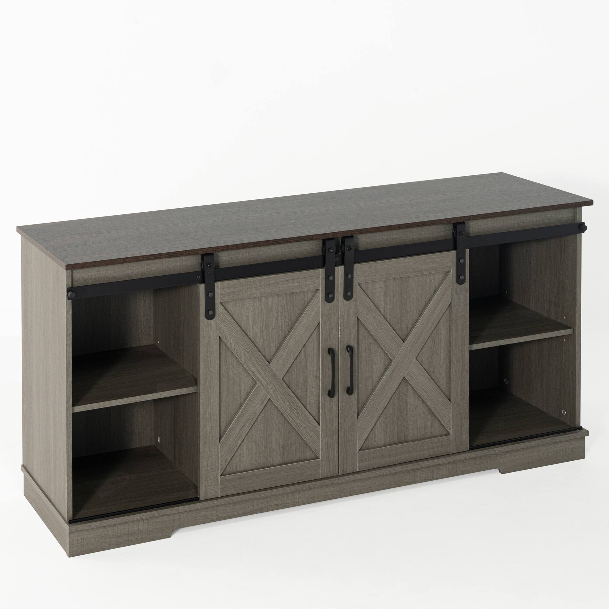 Back. Vaczon - 56 Inch Farmhouse TV Stand with Sliding Barn Doors, Storage Cabinets, Modern Media Console for Living Room - Gray.