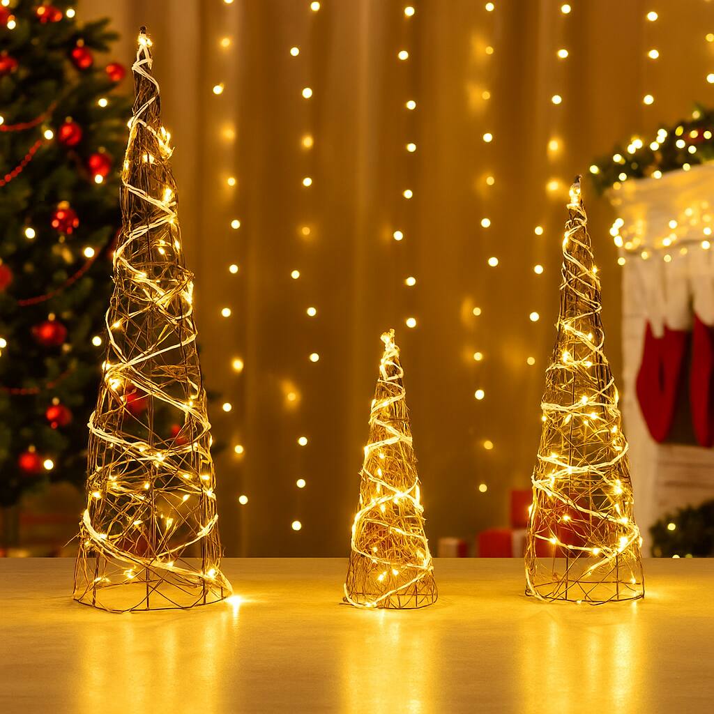 Angle. BreeBe - Rattan Christmas Cone Trees – Set of 3 with LED Lights and Metal Frame - Brown.
