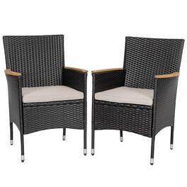 Nuu Garden - Patio Dining Chairs Set of 2 with Cushions, High Back, Wide Seat, Handwoven Wicker, Acacia Wood Armrests - Black and Beige