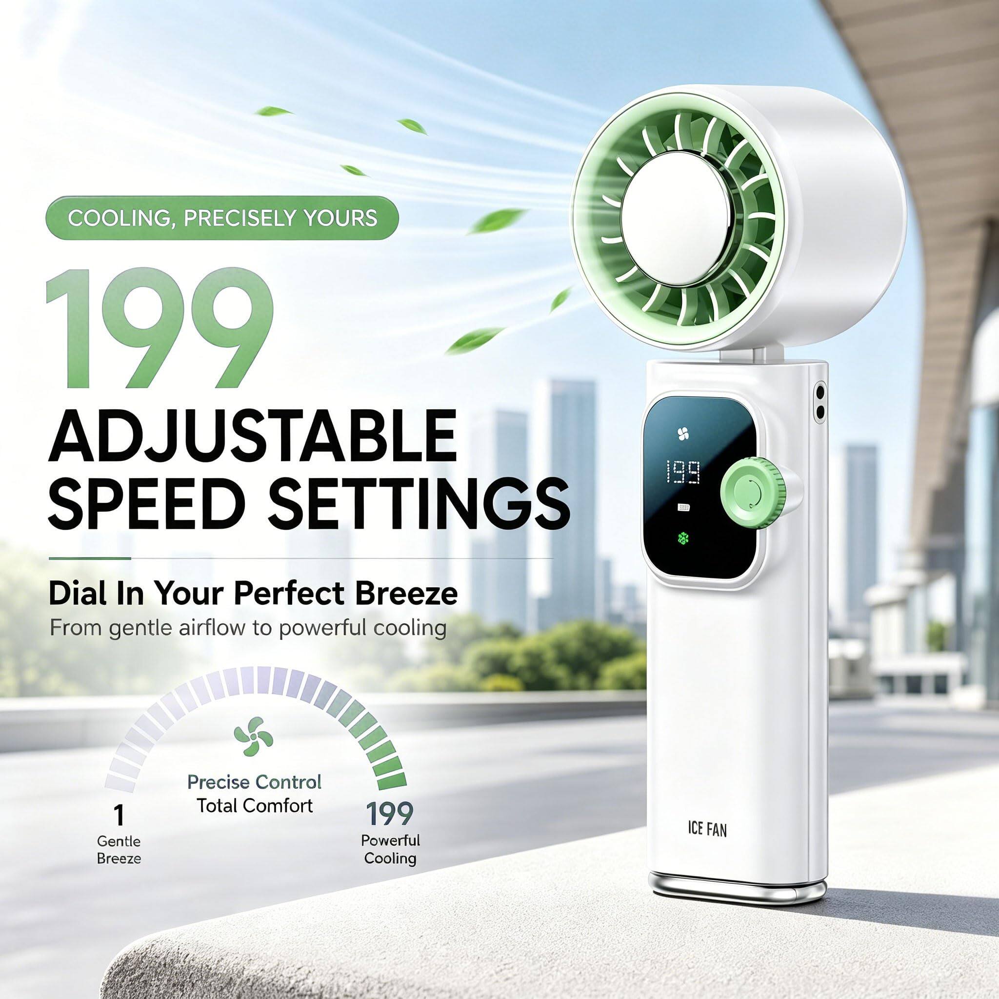 COOLING, PRECISELY YOURS

199 ADJUSTABLE SPEED SETTINGS

Dial In Your Perfect Breeze
From gentle airflow to powerful cooling

1 Gentle Breeze
Precise Control
Total Comfort
199 Powerful Cooling

ICE FAN