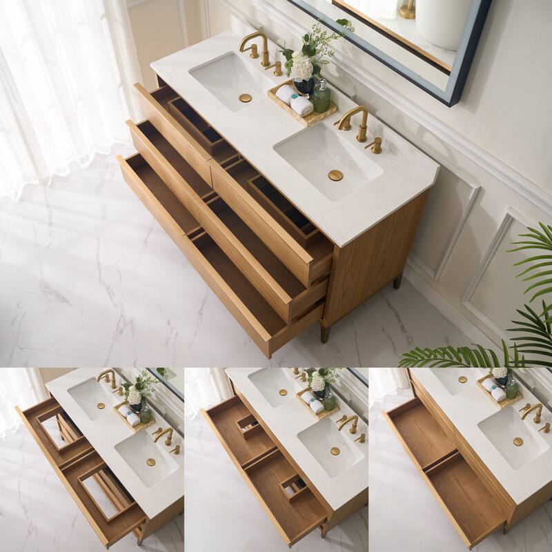 Alt View 1. WELLFOR - 60" Freestanding Solid Wood Bathroom Vanity with Carrara White Quartz Vanity Top & 6 Soft-Close Drawers and Backsplash - Oak.