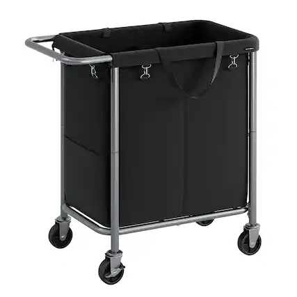 Front. Songmics Home - Laundry Basket with Wheels,2-Section Rolling Laundry Hamper,37 Gallons (140L),Removable Liner,Steel Frame with Handle - Ink Black.
