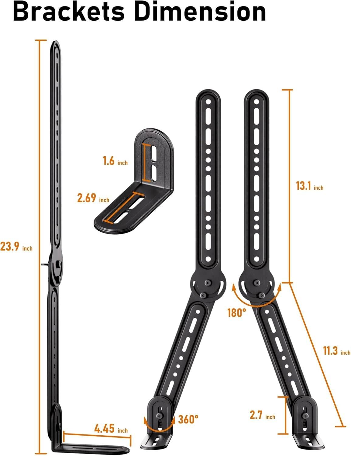Brackets Dimension

- 1.6 inch
- 2.69 inch
- 13.1 inch
- 23.9 inch
- 180°
- 11.3 inch
- 4.45 inch
- 360°
- 2.7 inch
