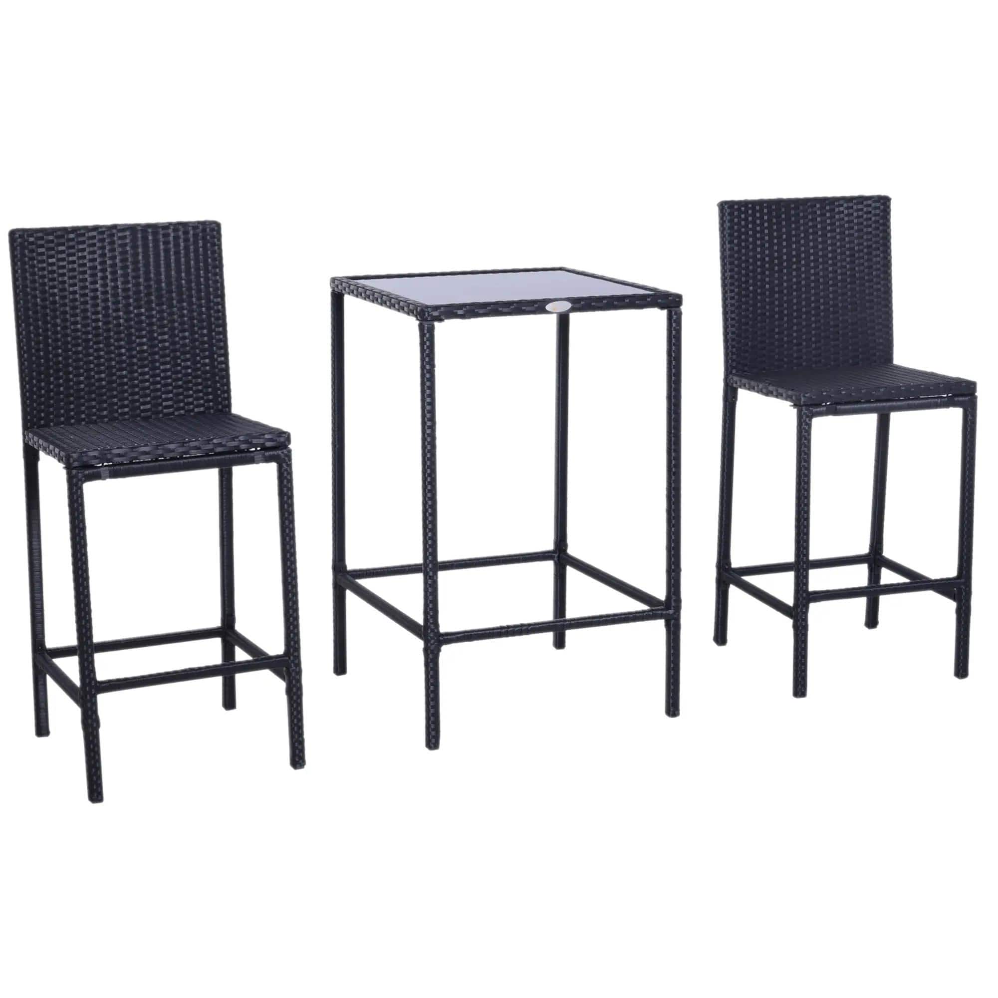 Spaco - 3pcs Rattan Bar Set with Glass Top Table, 2 Bar Stools for Outdoor - Black