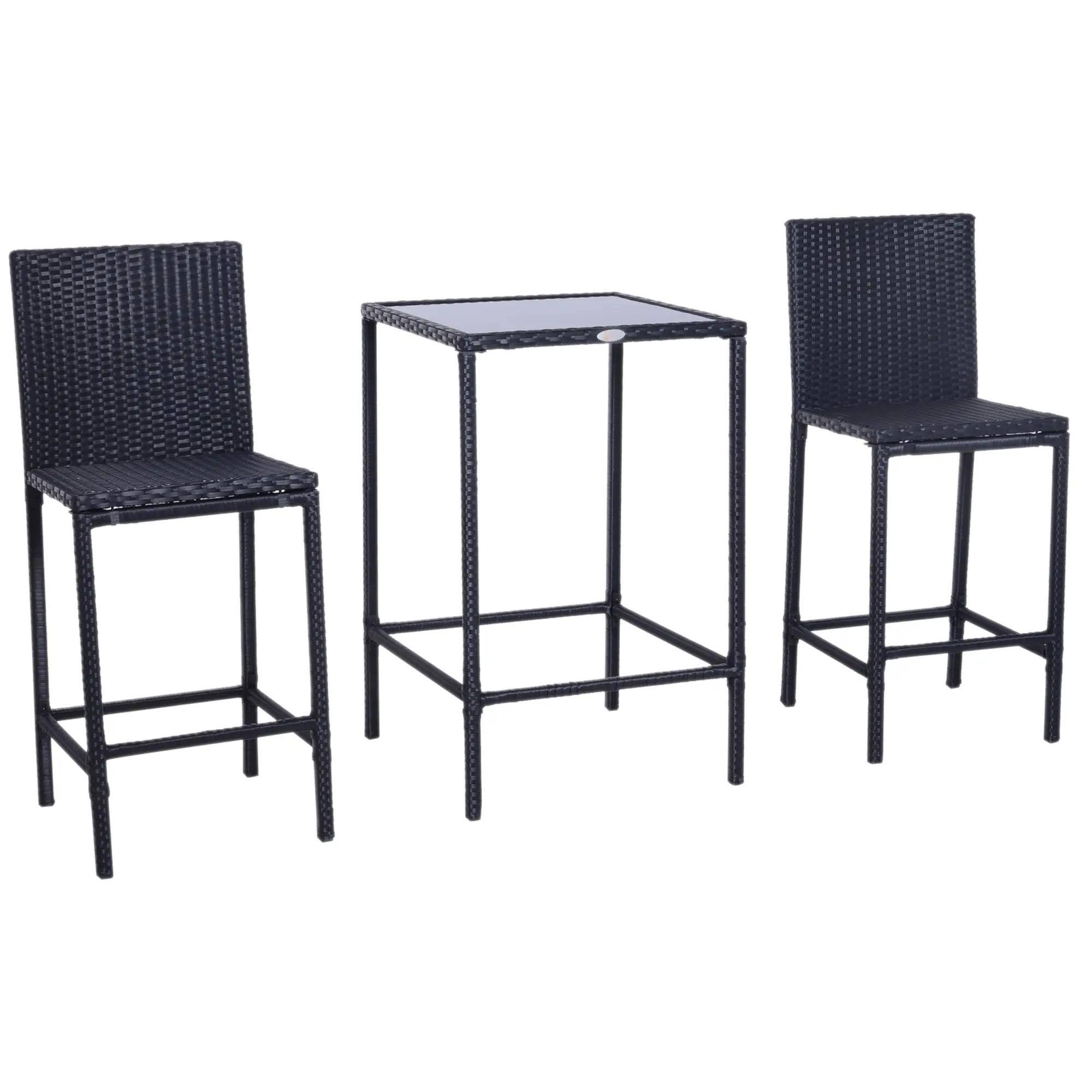 Front. Spaco - Spaco 3pcs Rattan Bar Set with Glass Top Table, 2 Bar Stools for Outdoor - Black.