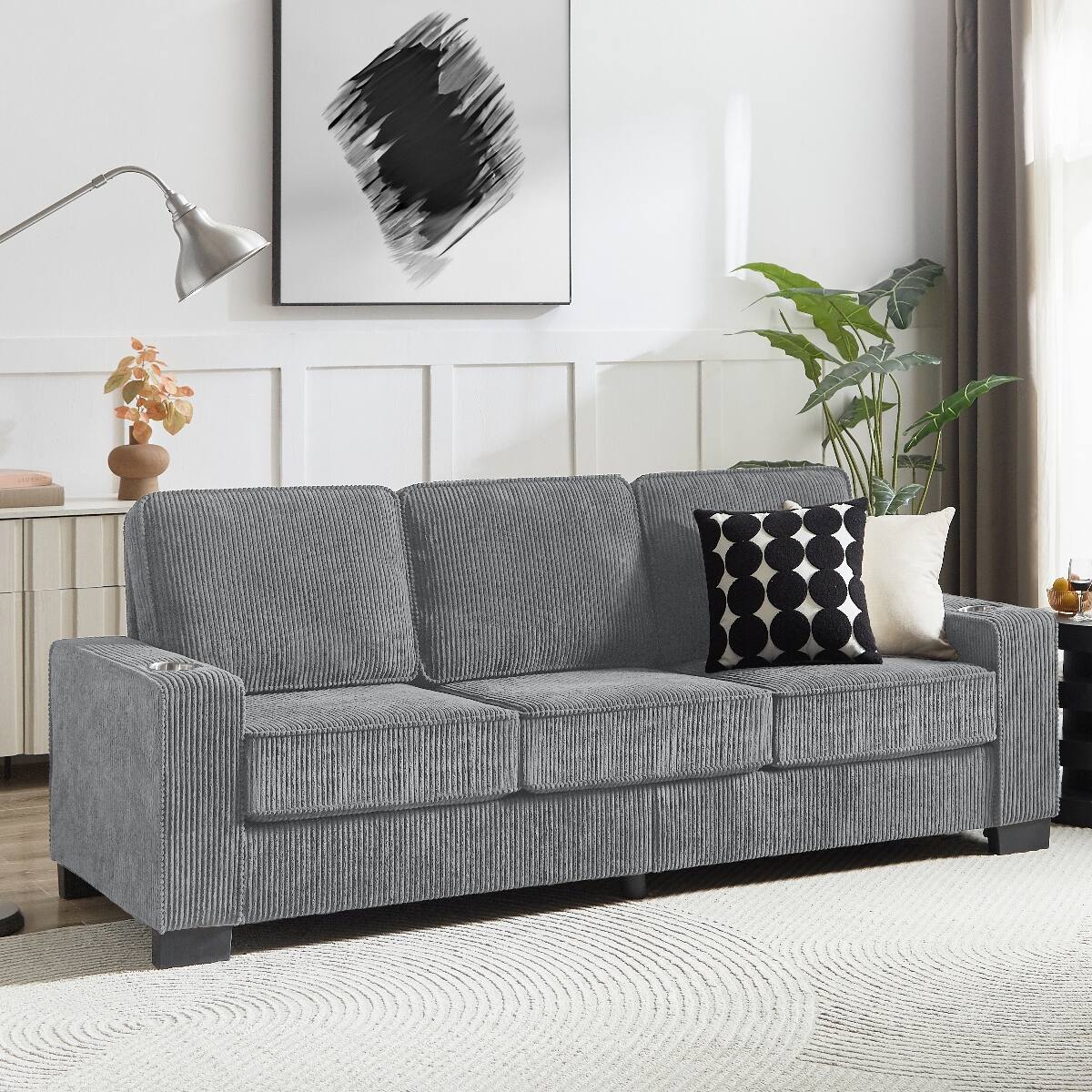 Front. Ropilly - Ropilly 3 Seater Corduroy Sofa Gray Living Room Couch with Armrest Cup Holders for Bedroom Office - Gray.