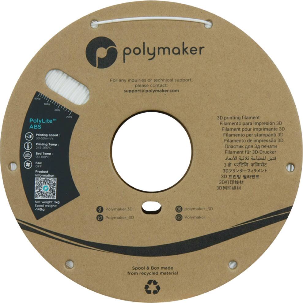 Polymaker is a brand of 3D printing filament. The filament is made from recycled materials and is designed for use with 3D printers. The spool and box are also made from recycled materials, making it an environmentally friendly choice for 3D printing enthusiasts. The filament is available in a variety of colors and is suitable for printing at speeds of 30-50mm/s. The recommended printing temperature is between 245-265C, and the bed temperature should be between 90-100C. The filament is compatible with a range of 3D printers, including the PolyLite ABS. For any inquiries or technical support, customers can contact the Polymaker website.