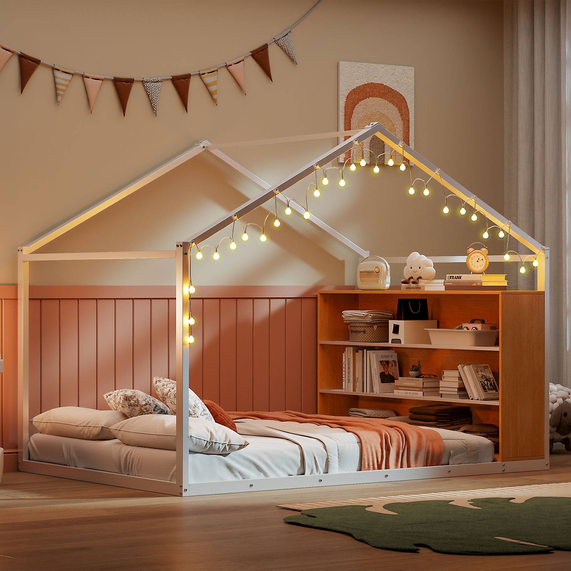 Angle. GOODSILO - Full Size Metal House Bed Frame with Shelves and Lights - White.