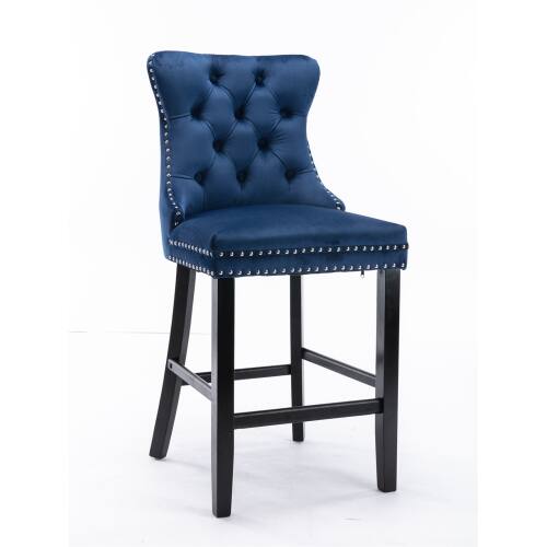 Left. LUCKY ONE - Assembled Velvet Bar Stool Set of 2 with Button Tufted Wood Legs Chrome Nailhead Trim - Blue.