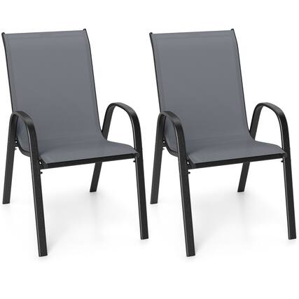 Front. Gymax - Gymax Set of 2 Patio Dining Chairs Stackable Armrest Space Saving Garden Black & Gray - Gray.