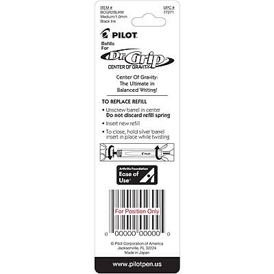ITEM # BOGAOELKM Medium/1.0mm Black Ink  
UPC# 77271  
PILOT Refills For Dr. Grip CENTER OF GRAVITY  
Center of Gravity: The Ultimate in Balanced Writing!  
TO REPLACE REFILL  
- Unscrew barrel in center  
- Do not discard refill spring  
- Insert new refill  
- To close, hold silver barrel insert in place while twisting  

Ease of Use  
For Position Only  

0 00000 00000 0  

© Pilot Corporation of America  
Jacksonville, FL 30224  
Made in Japan  

www.pilotpen.us