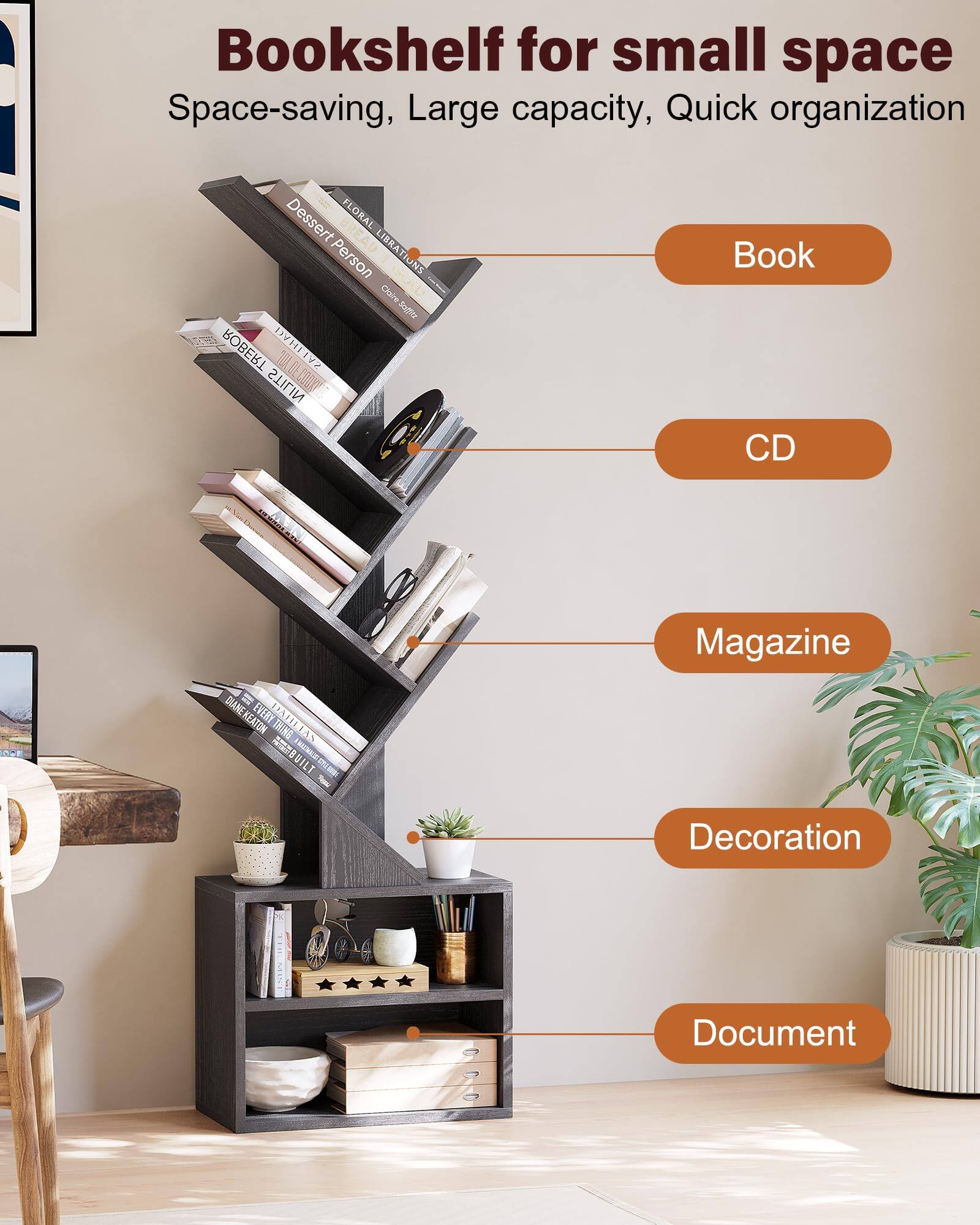 Bookshelf for small space  
Space-saving, Large capacity, Quick organization  

- Book  
- CD  
- Magazine  
- Decoration  
- Document