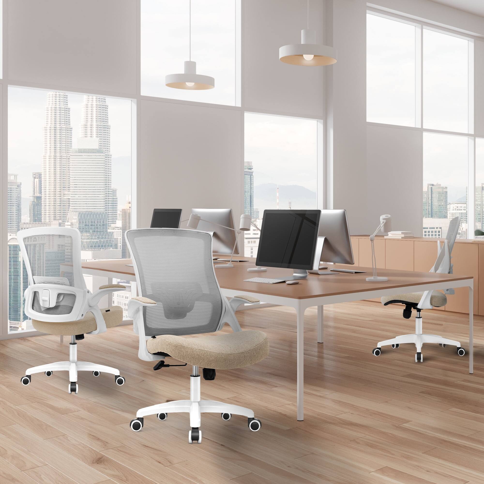 Back. Celtoss - Office Desk Chair Computer High Back Mesh Seat Rolling Wheels Ergonomic Comfy Flip-up Armrests Lumbar Support for Home - Plastic Base-Beige.