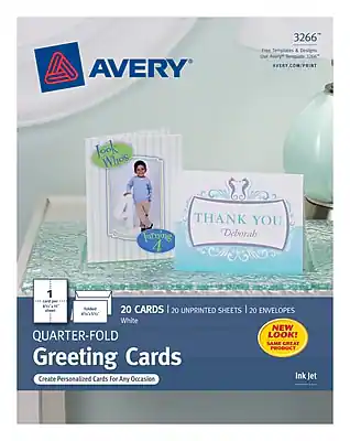 AVERY 3266
Free Templates & Designs
AVERY.COM/PRINT
20 CARDS | 20 UNPRINTED SHEETS | 20 ENVELOPES
QUARTER-FOLD Greeting Cards
Create Personalized Cards For Any Occasion
NEW LOOK!
SAME GREAT PRODUCT
Ink Jet
Look Who's
Turning 4
THANK YOU
Deborah
NEW LOOK!
