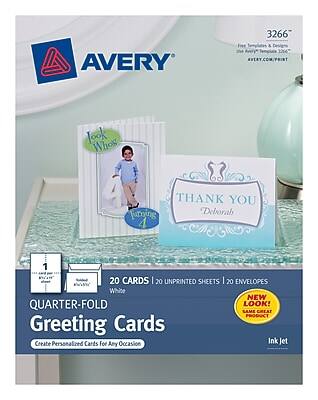 AVERY 3266  
Free Templates & Designs  
AVERY.COM/PRINT  

20 CARDS | 20 UNPRINTED SHEETS | 20 ENVELOPES  
QUARTER-FOLD Greeting Cards  
Create Personalized Cards For Any Occasion  

NEW LOOK!  
SAME GREAT PRODUCT  

Ink Jet  

Look Who's  
Turning 4  

THANK YOU  
Deborah  

NEW LOOK!