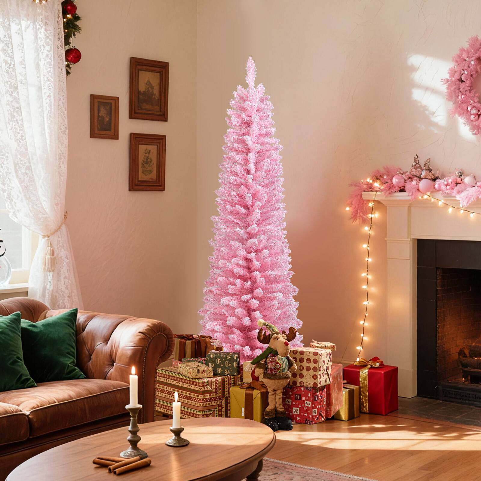 Gymax - 5 FT Artificial Christmas Tree Slim Pencil Xmas Tree w/ 328 Snow Flocked Branch Tips - Pink