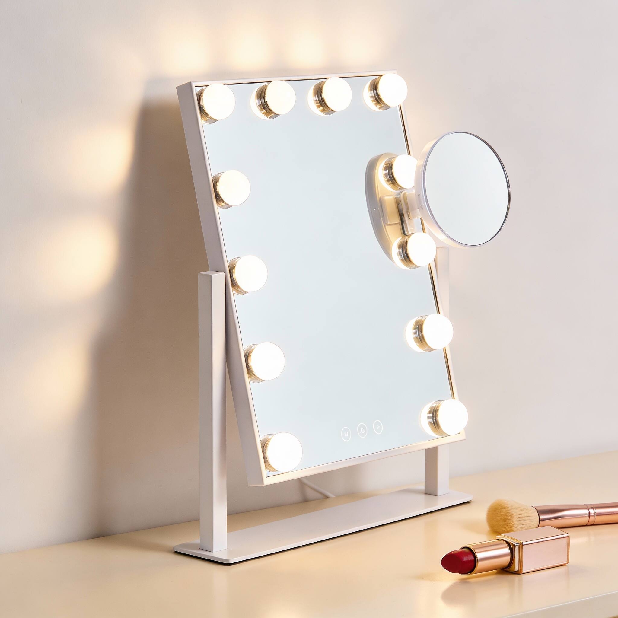 Left. PO3TICJUNKI3 - 12-Bulb Vanity Mirror with 3-Color Dimmable Lights, 5X Magnification, 360° Swivel - 18.1"L x 22.8"W.