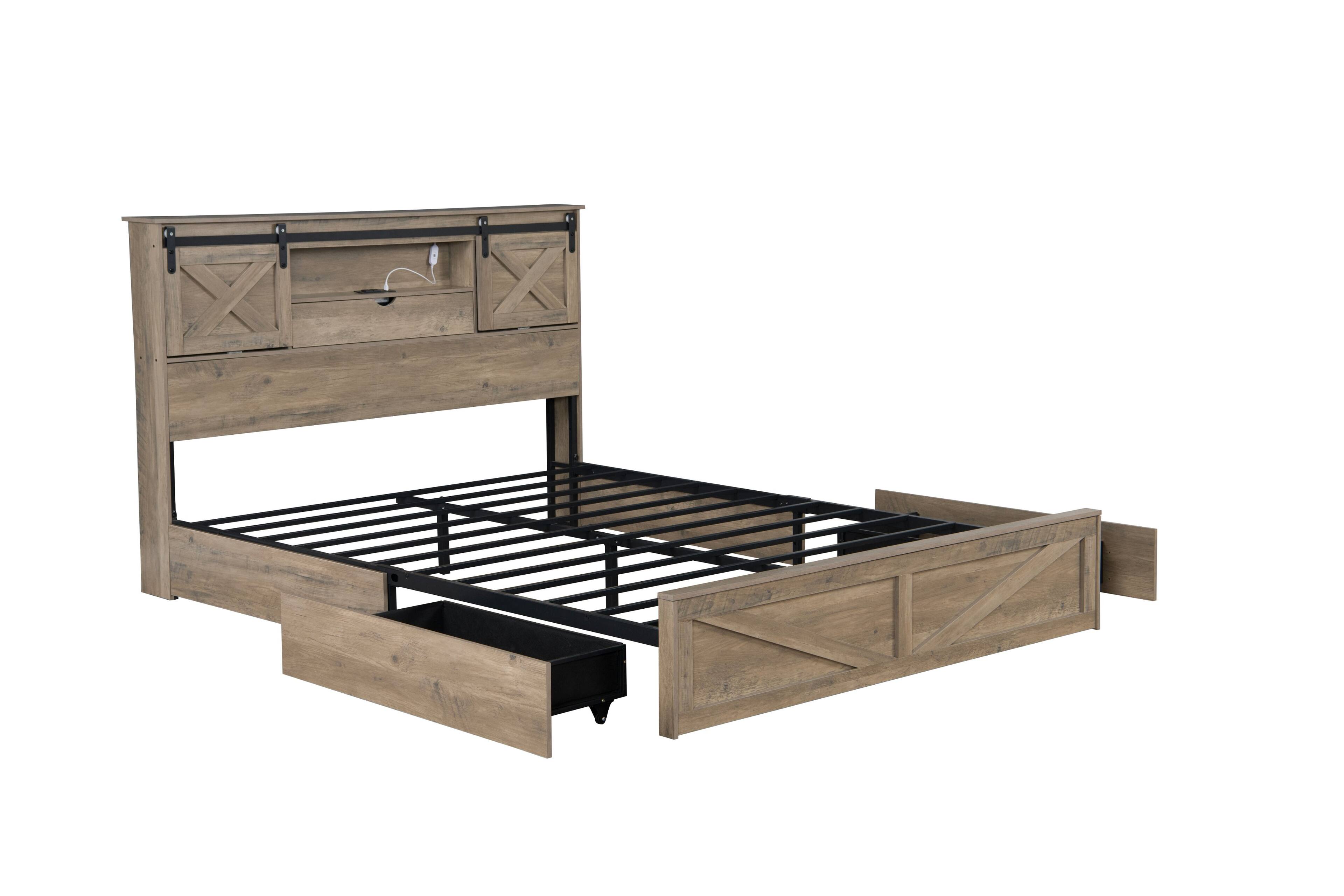 Back. LUCKY ONE - Farmhouse Queen Size Bed Frame with LED Lights,Charging Station and 2 Storage Drawers - Grey.