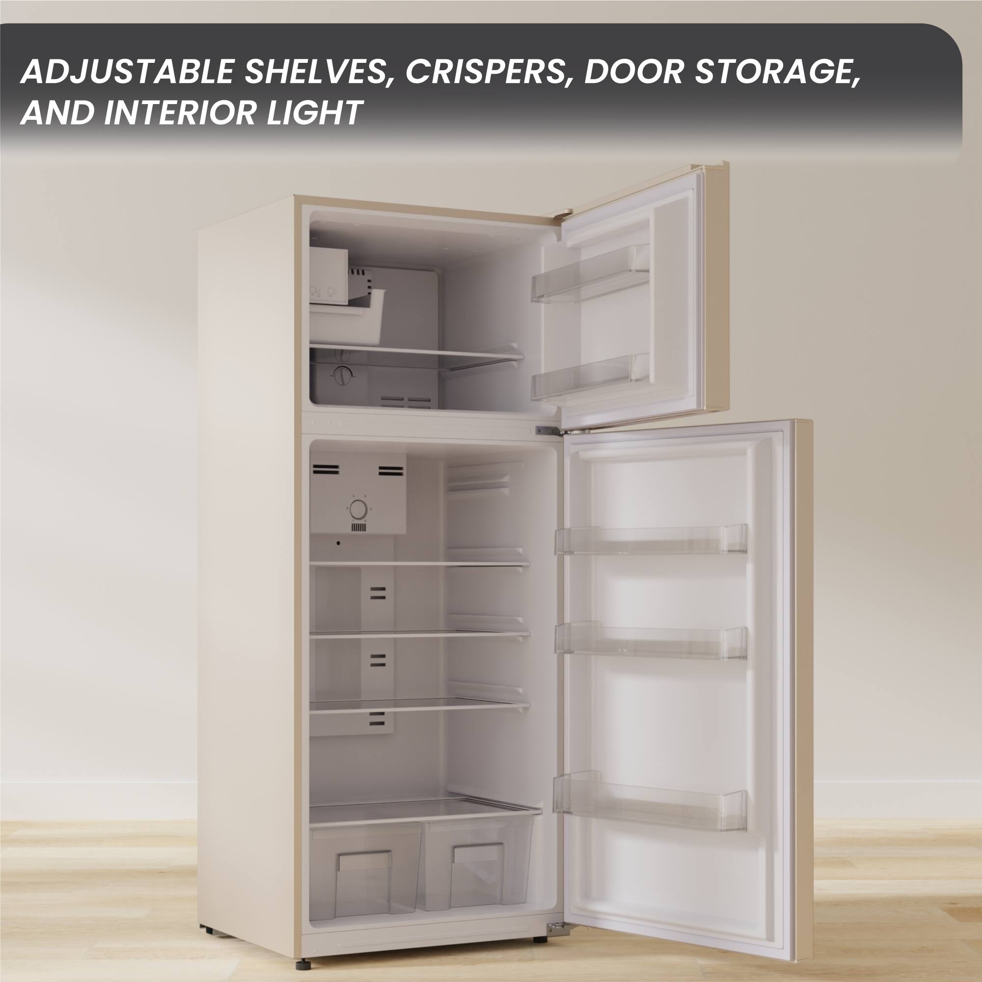 ADJUSTABLE SHELVES, CRISPERS, DOOR STORAGE, AND INTERIOR LIGHT