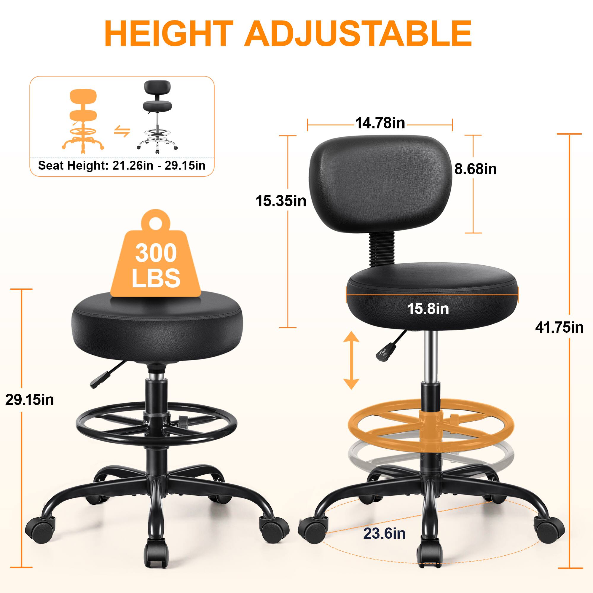 HEIGHT ADJUSTABLE

Seat Height: 21.26in - 29.15in

- 14.78in
- 8.68in
- 15.35in
- 15.8in
- 41.75in
- 29.15in
- 23.6in

300 LBS