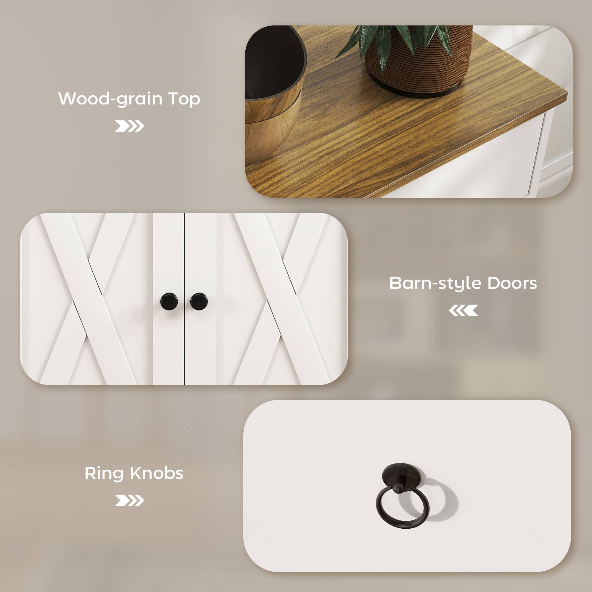 Wood-grain Top  
Barn-style Doors  
Ring Knobs