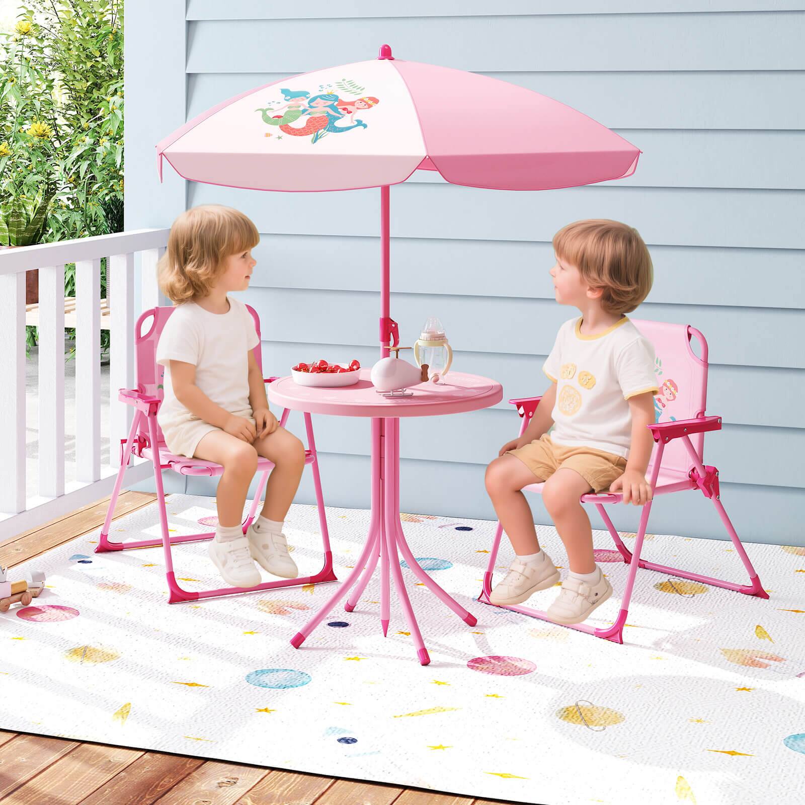 Alt View 4. Costway - Costway Kids Picnic Table & Chair Set with 2 Folding Chairs & Height Adjustable Umbrella - Pink.