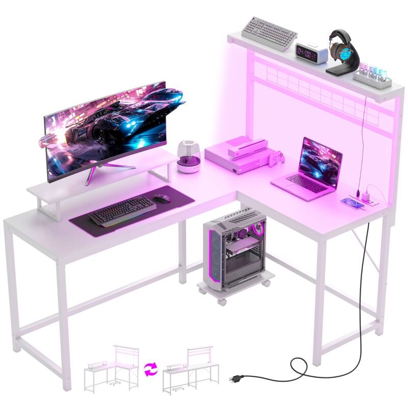 Left. Anysun - 61.6" L Shaped Gaming Desk with Power Outlets & LED Lights, Monitor Stand & CPU Shelf for Home Office - White.