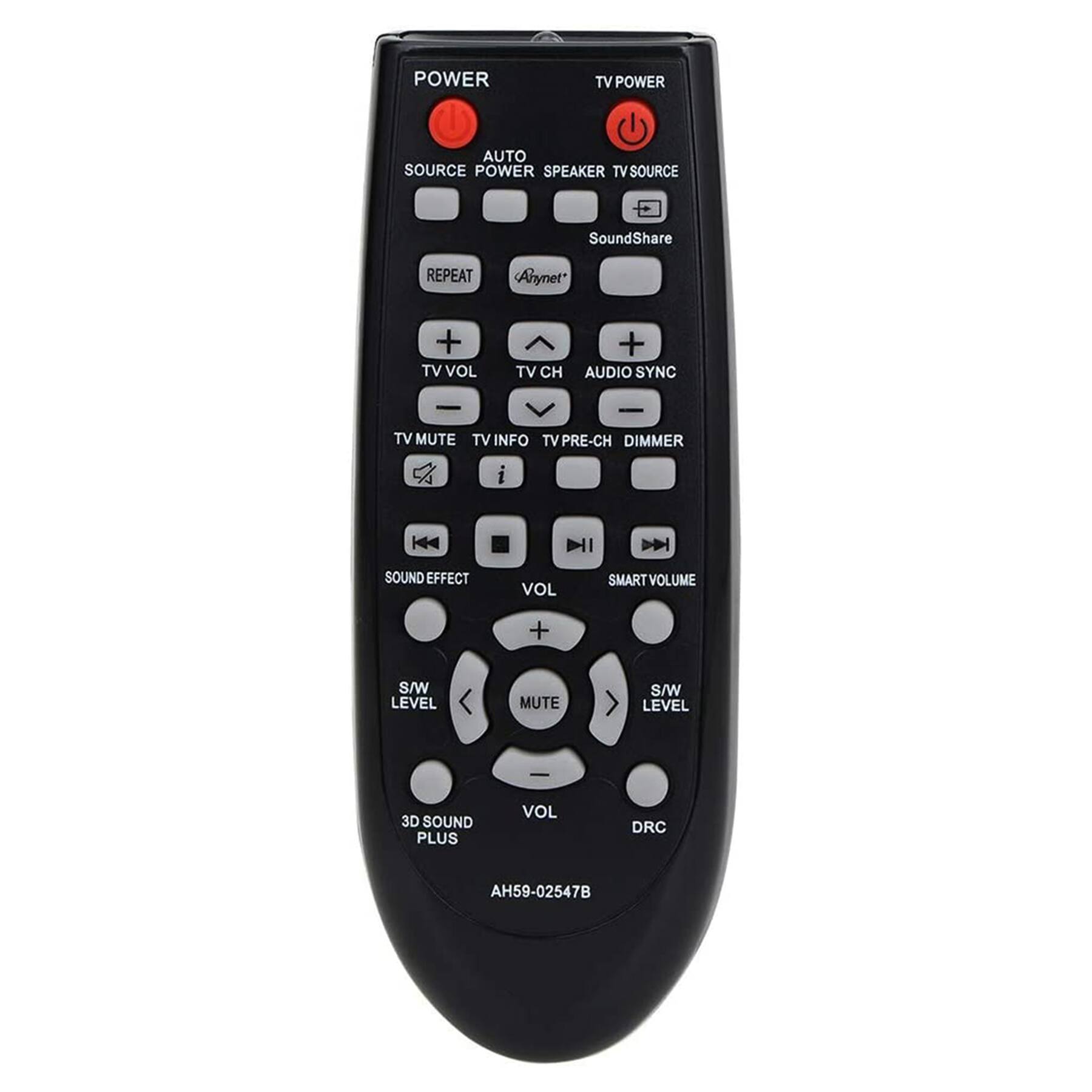 POWER TV POWER AUTO SOURCE POWER SPEAKER TV SOURCE SoundShare Anynet+ TV VOL TV CH AUDIO SYNC TV MUTE TV INFO TV PRE-CH DIMMER REPEAT SOUND EFFECT VOL SMART VOLUME S/W LEVEL MUTE S/W LEVEL 3D SOUND PLUS VOL DRC AH59-02547B
