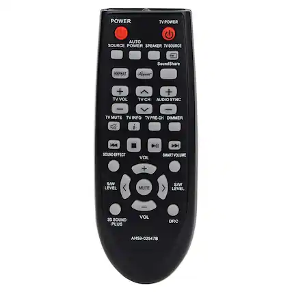 POWER TV POWER AUTO SOURCE POWER SPEAKER TV SOURCE SoundShare Anynet+ TV VOL TV CH AUDIO SYNC TV MUTE TV INFO TV PRE-CH DIMMER REPEAT SOUND EFFECT VOL SMART VOLUME S/W LEVEL MUTE S/W LEVEL 3D SOUND PLUS VOL DRC AH59-02547B