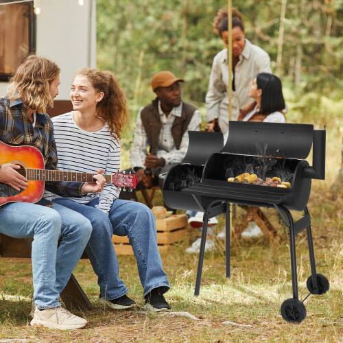 Alt View 7. Winado - 24in Portable Barrel Charcoal Grill, Offset Smoker with Side Table and Wheels for Outdoor Grilling, Backyard Cooking - Black.