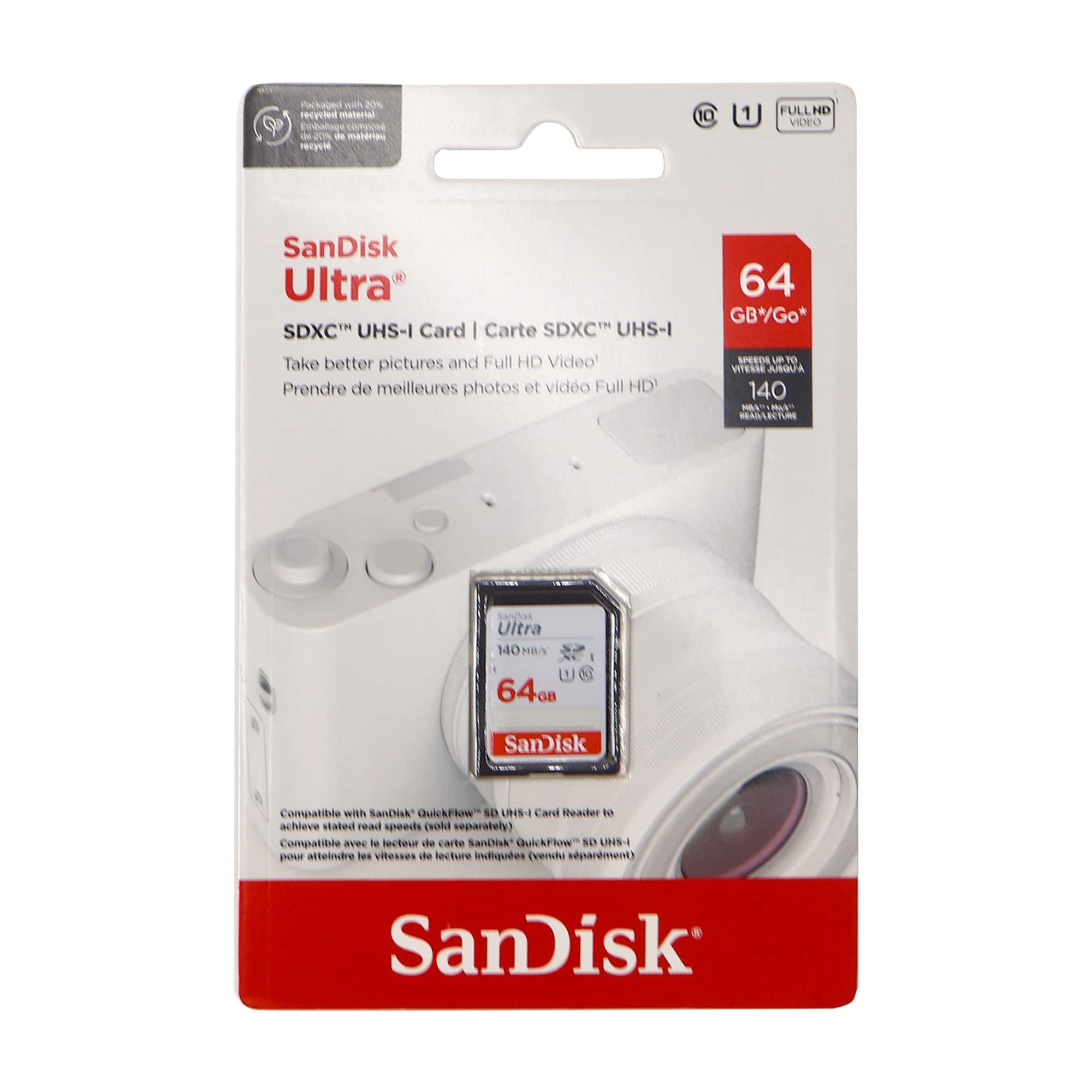 SanDisk - 64GB Ultra SDXC UHS-I Memory Card - Up to 140MB/s, C10, U1, Full HD, SD Card - SDSDUNB-064G-GN6IN