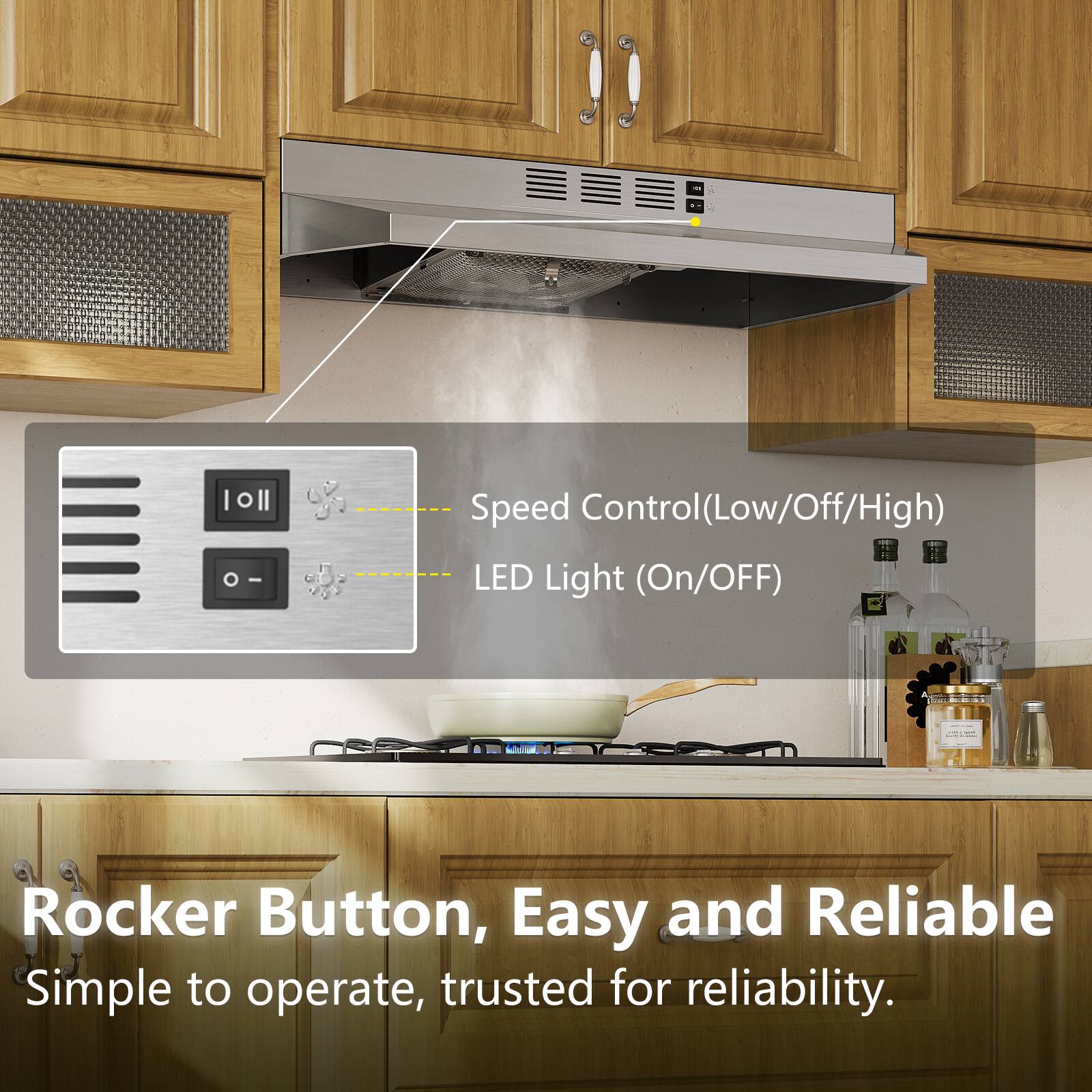 Speed Control(Low/Off/High) LED Light (On/OFF) Rocker Button, Easy and Reliable Simple to operate, trusted for reliability.