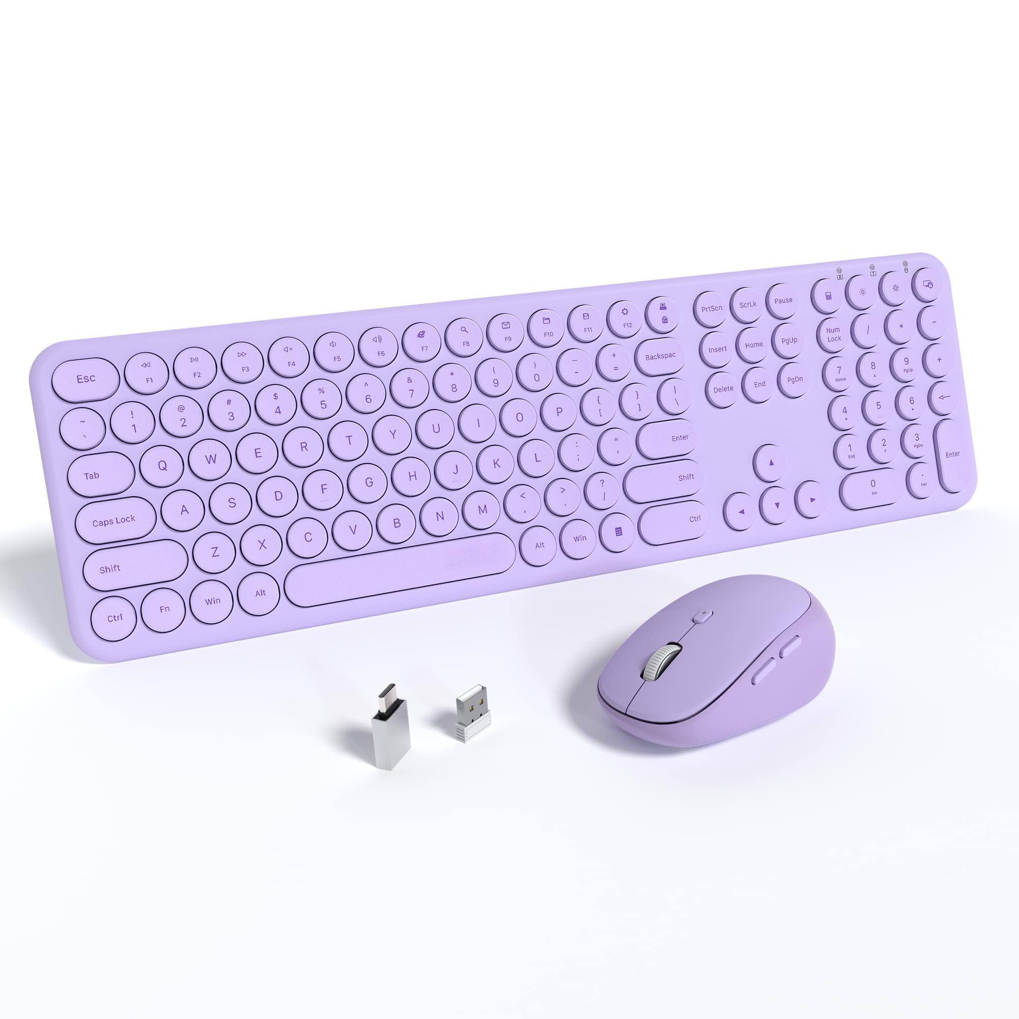HM 1810 - Wireless Keyboards And Mouse Quiet Scissor Switches Slim Mice Set Silent Full Size 111 Round Keycaps With A - Light Purple