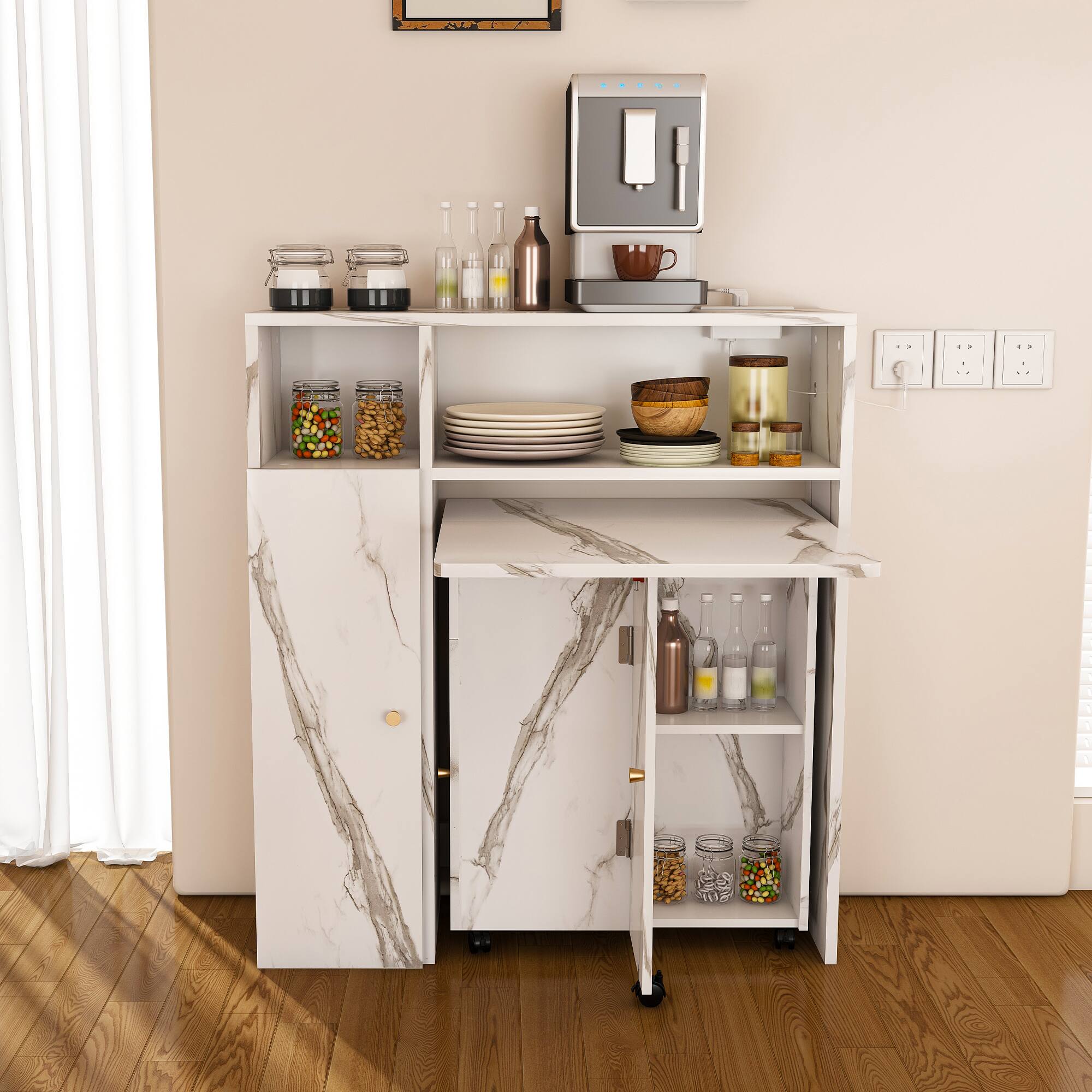 Angle. Tiramisubest - Multifunctional Folding Dining Table with Wall-Mounted Sideboard and Storage for Small Apartments (White) - White.