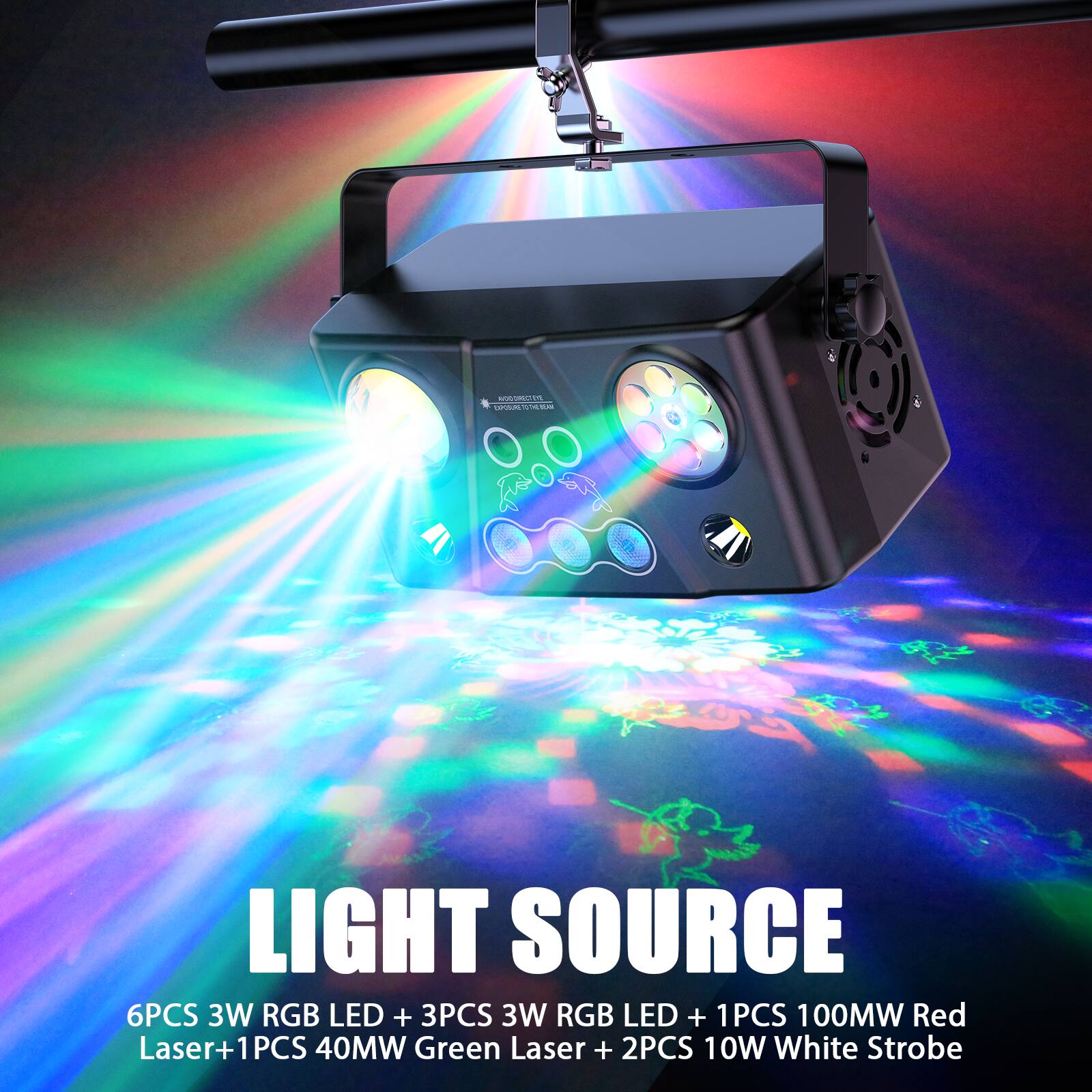 LIGHT SOURCE

6PCS 3W RGB LED + 3PCS 3W RGB LED + 1PCS 100MW Red Laser + 1PCS 40MW Green Laser + 2PCS 10W White Strobe
