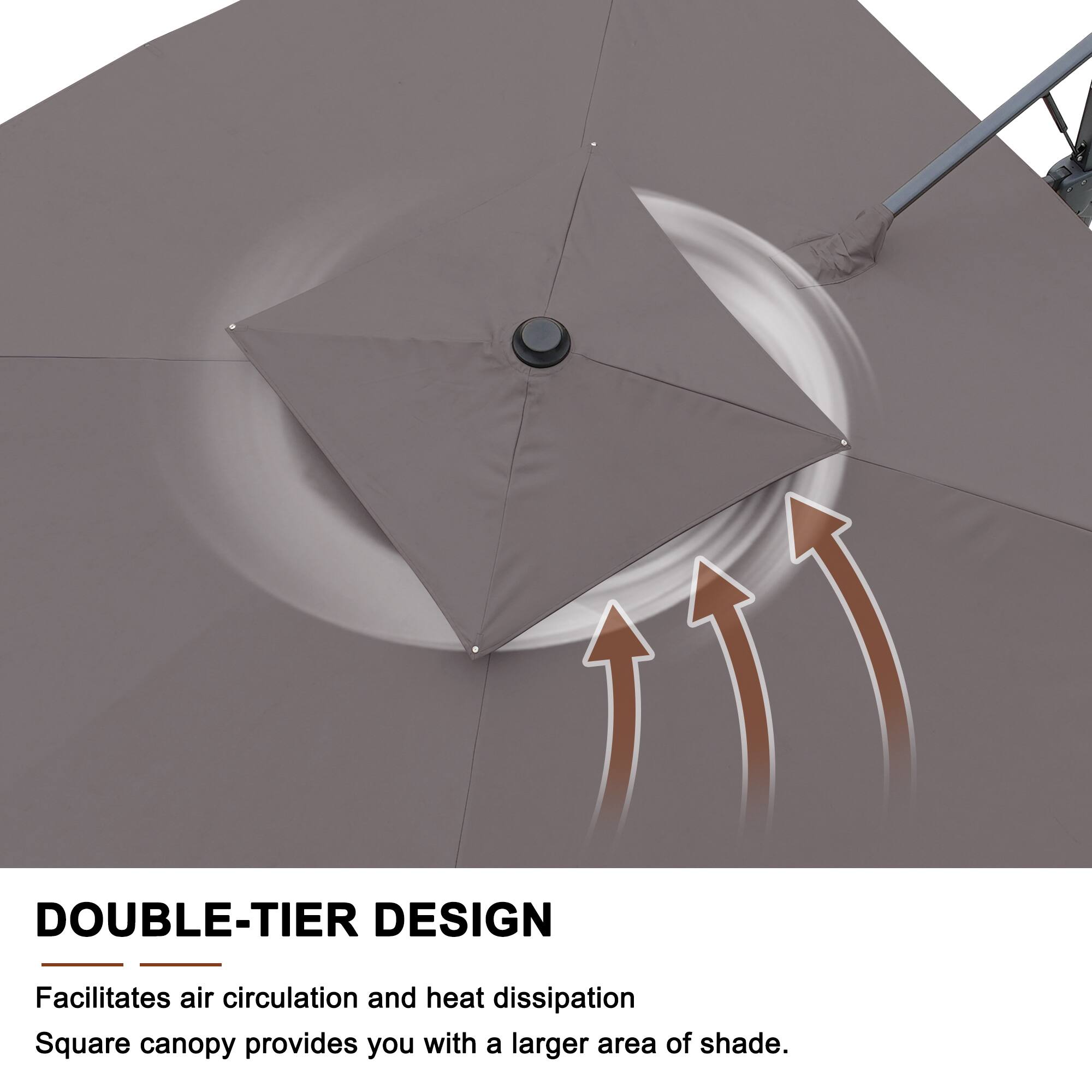 DOUBLE-TIER DESIGN  
Facilitates air circulation and heat dissipation  
Square canopy provides you with a larger area of shade.