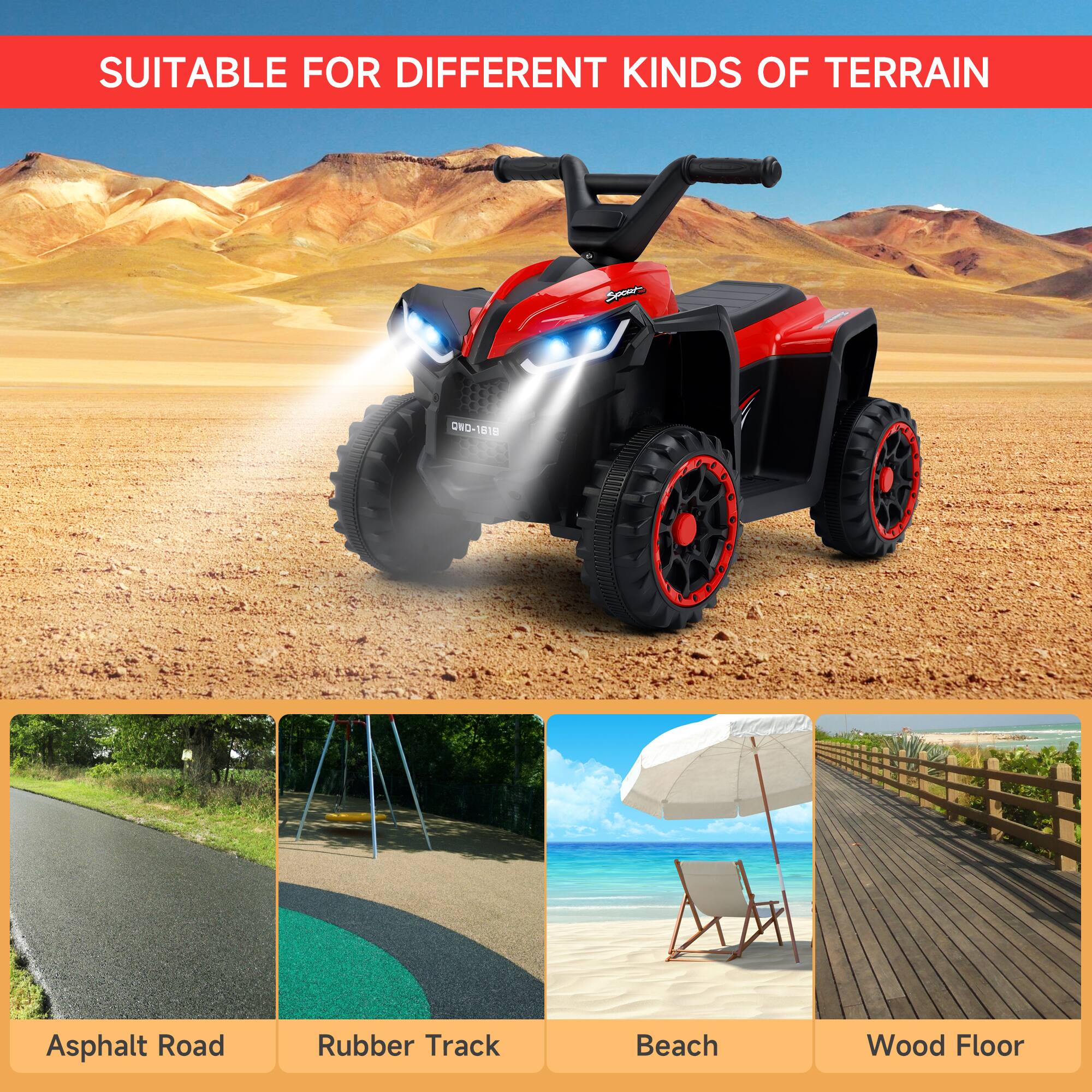 SUITABLE FOR DIFFERENT KINDS OF TERRAIN

- Asphalt Road
- Rubber Track
- Beach
- Wood Floor