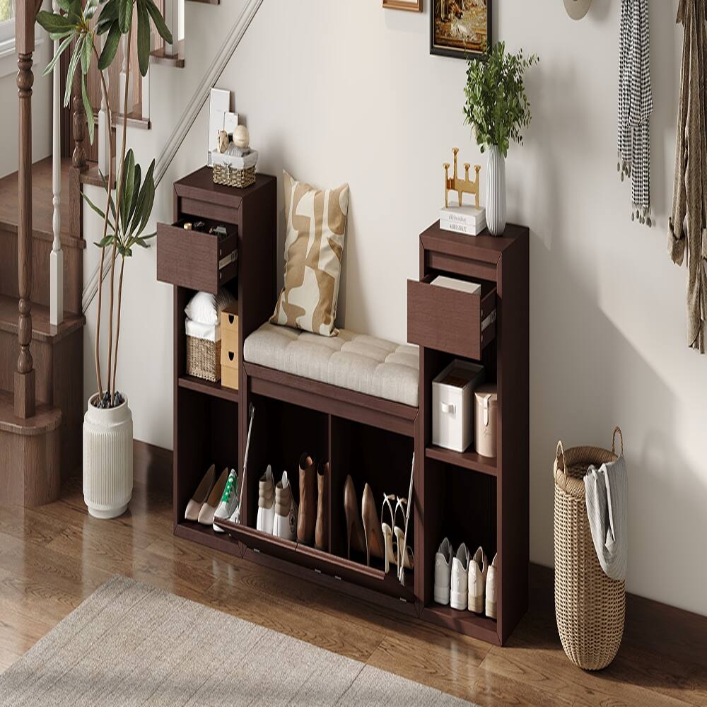 Alt View 1. Ropilly - Ropilly Espresso Entryway Storage Bench with Cushion Drawers and Open Shelves Wood Mudroom Shoe Bench for Hallway - Espresso.