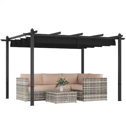 Front. Outsunny - 10' x 13' Retractable Pergola Canopy, Wood Grain Aluminum Pergola, Outdoor Sun Shade Shelter for Grill - Gray.