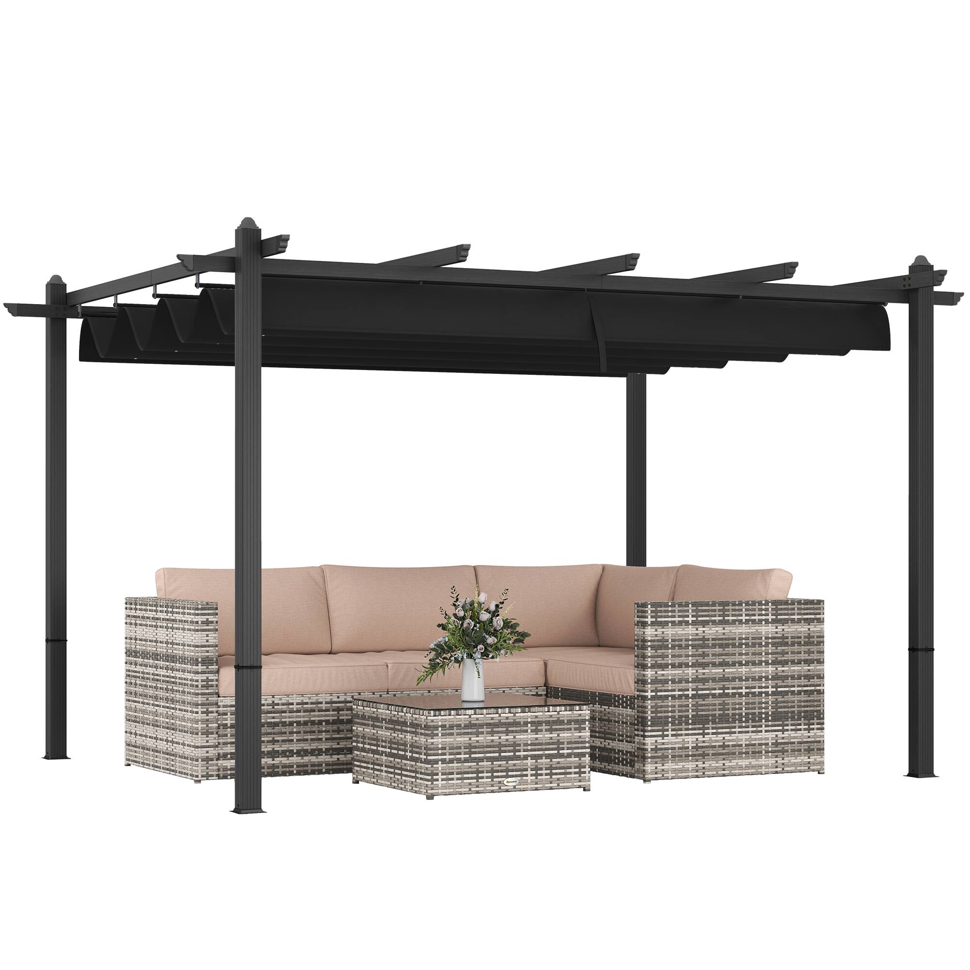 Front. Outsunny - 10' x 13' Retractable Pergola Canopy, Wood Grain Aluminum Pergola, Outdoor Sun Shade Shelter for Grill - Gray.