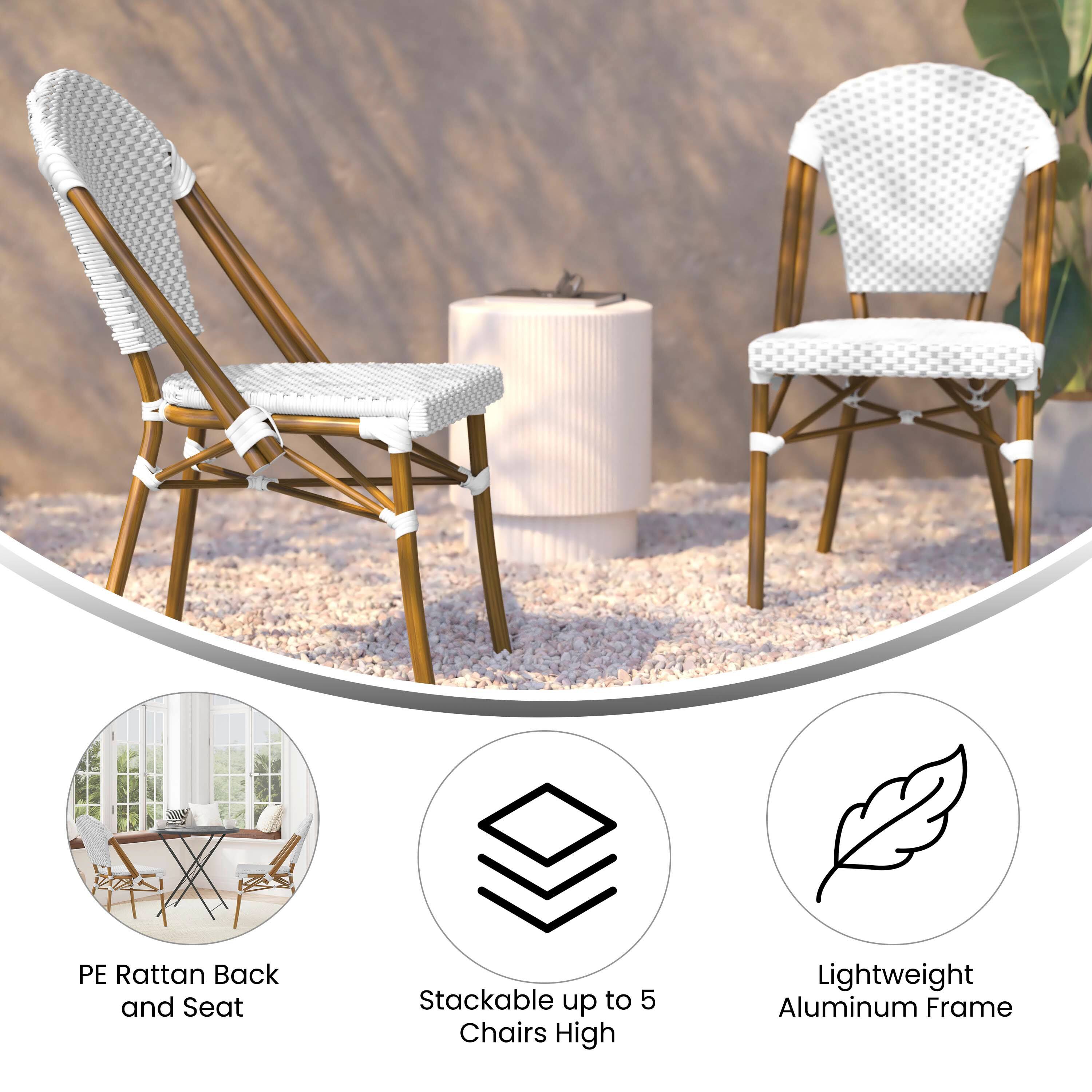 PE Rattan Back and Seat  
Stackable up to 5 Chairs High  
Lightweight Aluminum Frame
