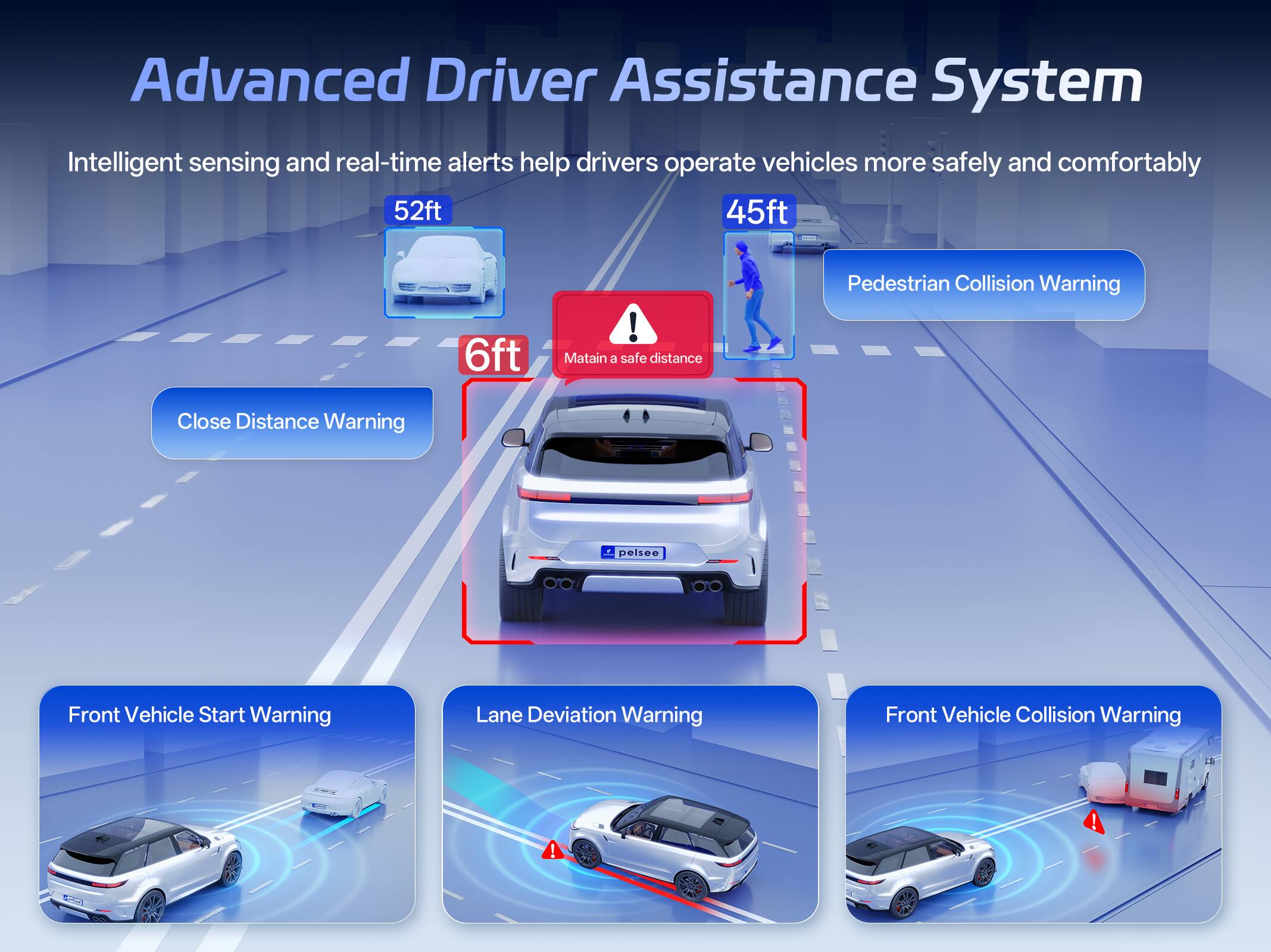 Advanced Driver Assistance System  
Intelligent sensing and real-time alerts help drivers operate vehicles more safely and comfortably  

- 52ft  
- 45ft  
- 6ft  

Maintain a safe distance  

Pedestrian Collision Warning  
Close Distance Warning  
Front Vehicle Start Warning  
Lane Deviation Warning  
Front Vehicle Collision Warning
