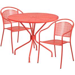 Emma + Oliver - Commercial 35.25" Round Metal Garden Patio Table Set w/ 2 Round Back Chairs - Coral