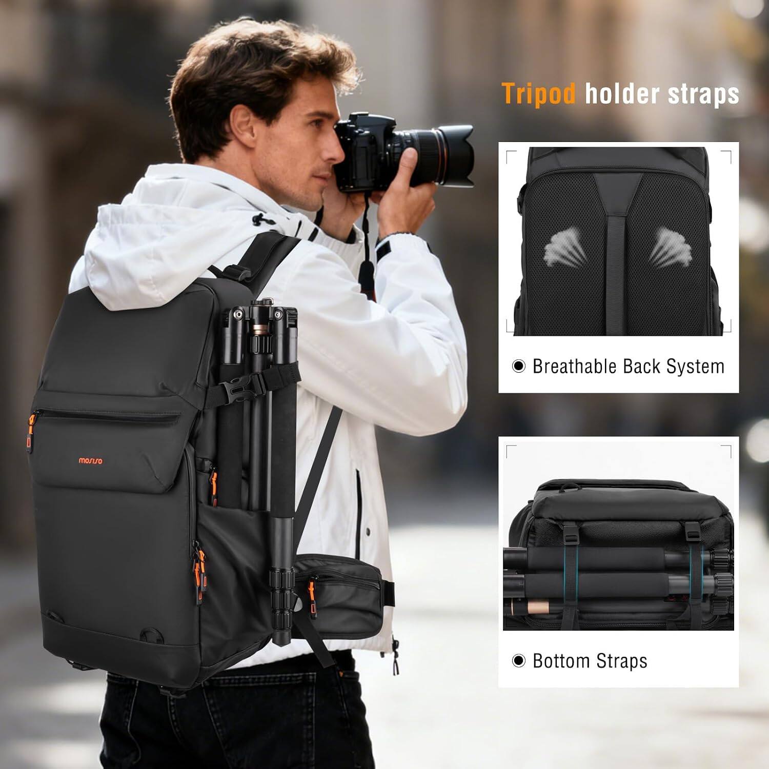 - Tripod holder straps
- Breathable Back System
- Bottom Straps