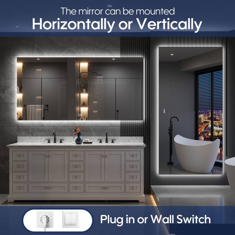 The mirror can be mounted Horizontally or Vertically. Plug in or Wall Switch