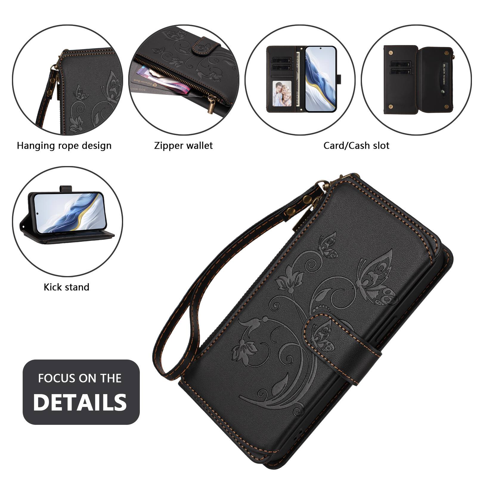 - Hanging rope design
- Zipper wallet
- Card/Cash slot
- Kick stand

FOCUS ON THE DETAILS