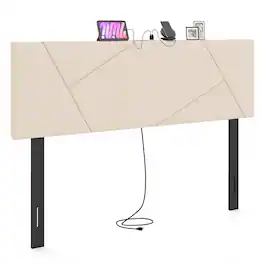 Costway - Headboard for Queen&Full Size Bed,Geometric Upholstered Head Board with 2AC Outlets - Beige