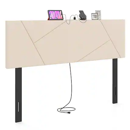 Front. Costway - Costway Headboard for Queen&Full Size Bed,Geometric Upholstered Head Board with 2AC Outlets - Beige.