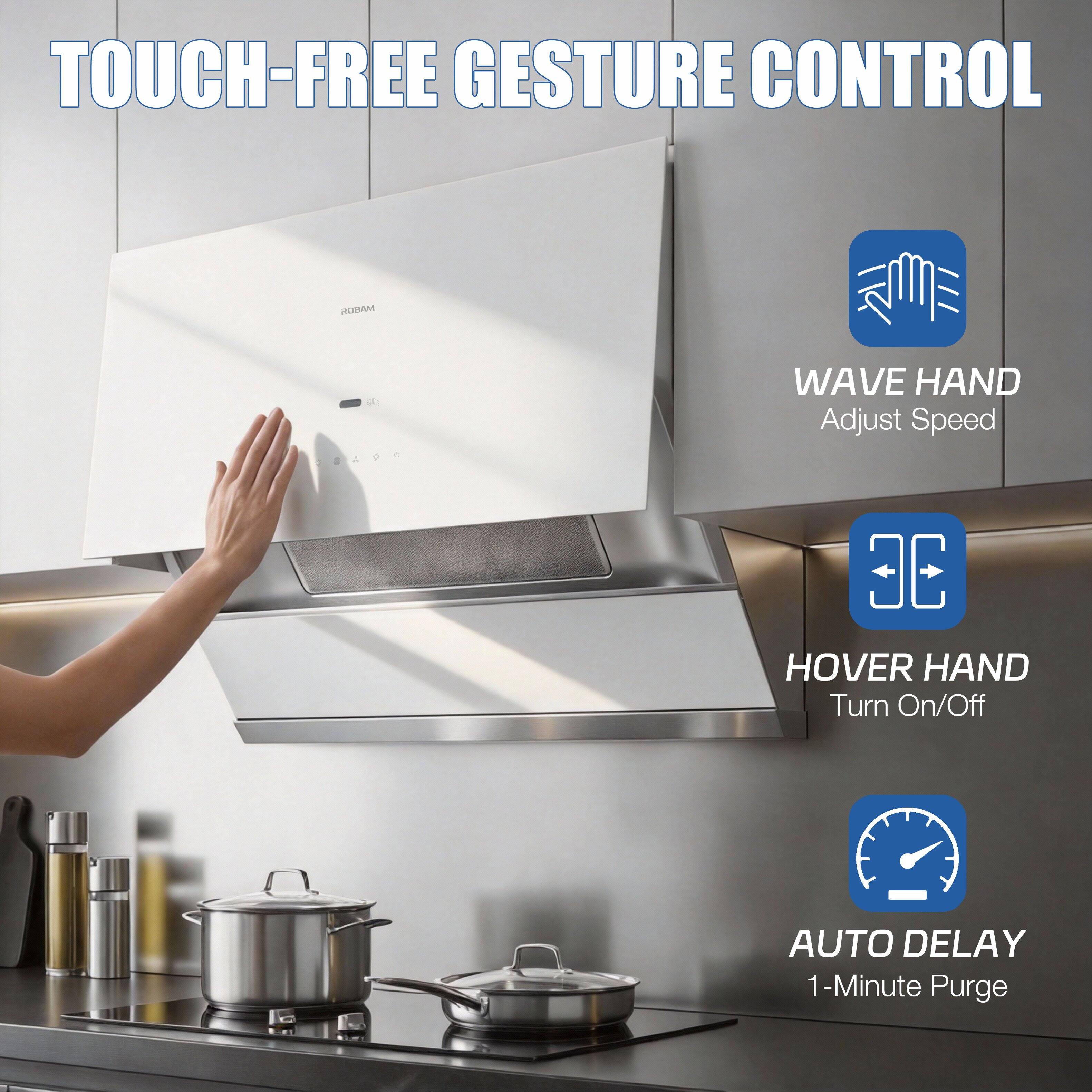 TOUCH-FREE GESTURE CONTROL

ROBAM

WAVE HAND
Adjust Speed

HOVER HAND
Turn On/Off

AUTO DELAY
1-Minute Purge